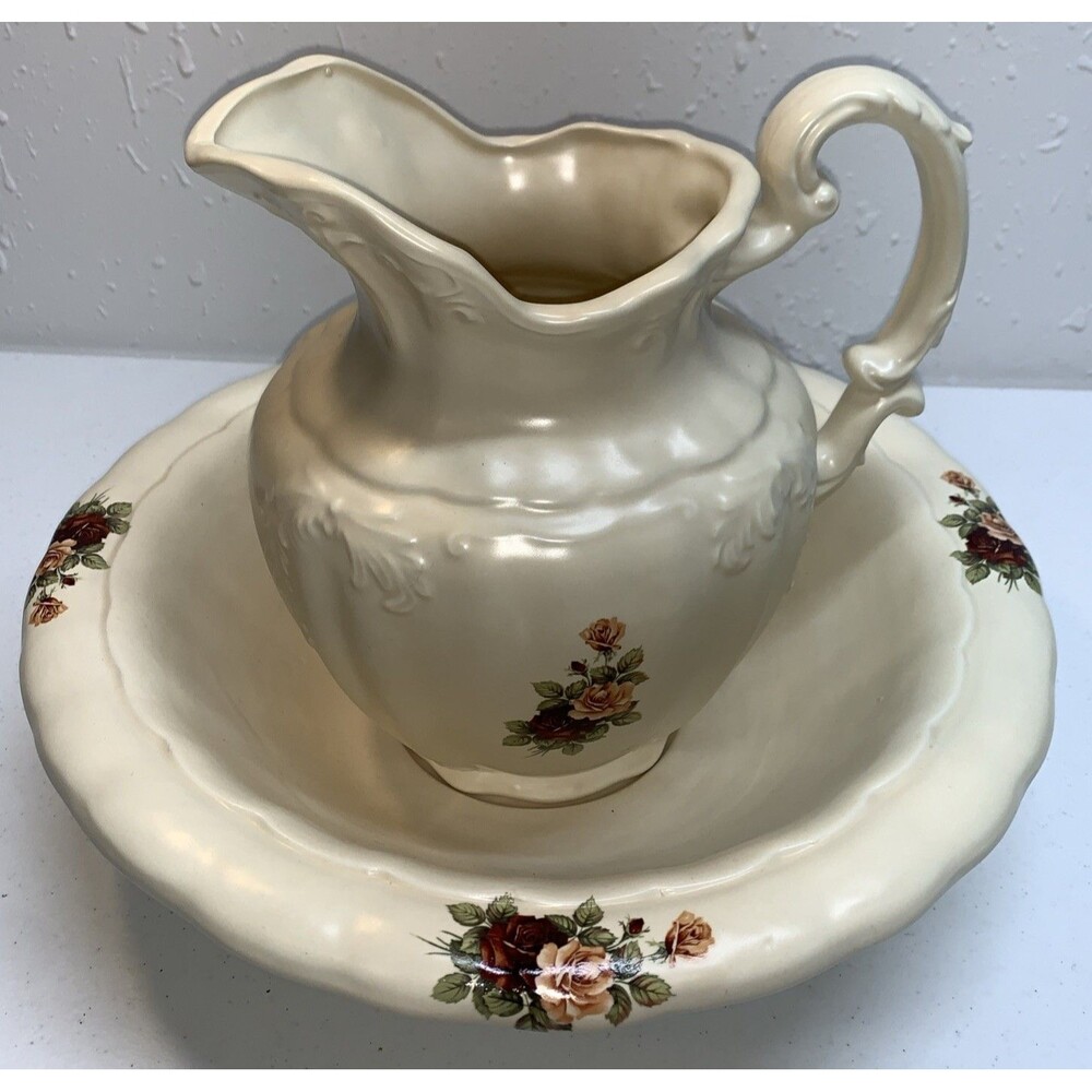 Vintage Victorian Style Ceramic Handmade Water Basin & Pitcher Set Floral Bath